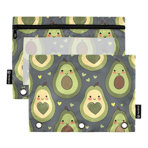 Fustylead Federmäppchen mit niedlichem Avocado-Herz für 3-Ringbinder, Reißverschlusstasche mit transparentem Fenster, Federmäppchen für Zuhause, Büro, 2 Stück, multi von Fustylead
