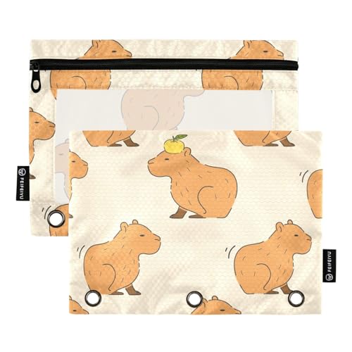 Fustylead Federmäppchen mit niedlichem Capybara mit Zitrone auf der Oberseite des Kopfes, mit transparentem Fenster für 3-Ring-Ordner, Reißverschluss-Federmäppchen, Kosmetiktaschen für von Fustylead