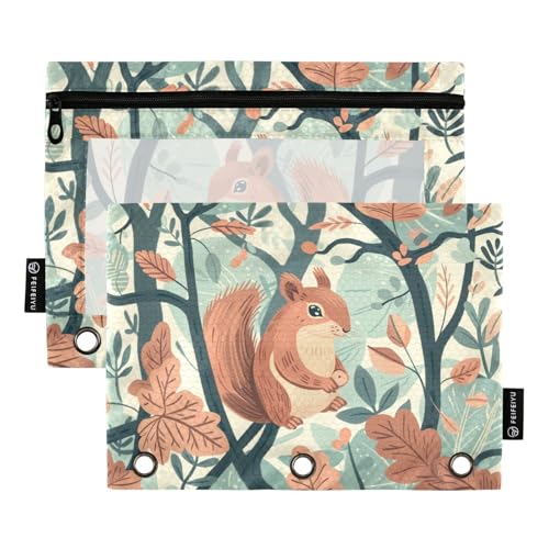 Fustylead Federmäppchen mit niedlichem Cartoon-Eichhörnchen im Herbstwald, für 3-Ringbinder, Reißverschluss-Bleistifttasche mit transparentem Fenster, Organizer für Kosmetik, Büro, 2 Stück, mehrfarbig von Fustylead
