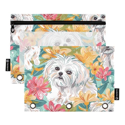 Fustylead Federmäppchen mit niedlichem Cartoon-Malteser- und Blumen-Motiv, passend für Standard-3-Ring-Ordner, Reißverschluss-Bleistifttasche mit transparentem Fenster für Bürokosmetik, 2 Stück von Fustylead