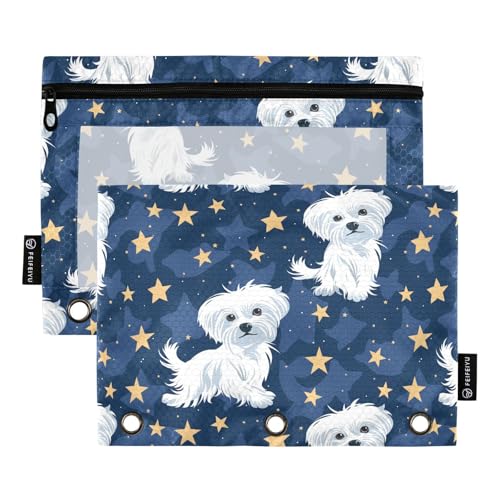 Fustylead Federmäppchen mit niedlichem Cartoon-Malteser und Sternen, passend für Standard-3-Ringbinder, Reißverschluss-Bleistifttasche mit transparentem Fenster für Bürokosmetik, 2 Stück von Fustylead