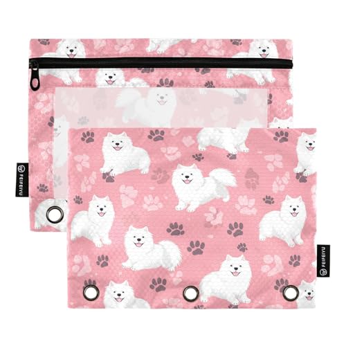 Fustylead Federmäppchen mit niedlichem Cartoon-Motiv und Samojede- und Pfotenabdrücken auf rosa Hintergrund, großes Fassungsvermögen, passend für 3-Ringbinder, wasserdichtes Federmäppchen mit von Fustylead