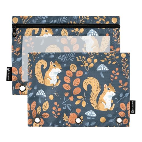 Fustylead Federmäppchen mit niedlichem Eichhörnchen und Blättern, Pilz im Wald, passend für Standard-3-Ring-Ordner, Reißverschluss-Bleistifttasche mit transparentem Fenster für Bürokosmetik, 2 Stück, von Fustylead