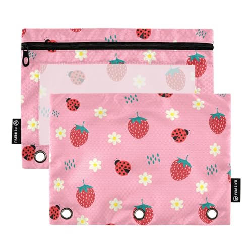 Fustylead Federmäppchen mit niedlichem Erdbeer- und Marienkäfer-Blumenmuster, handgezeichnetes Federmäppchen mit transparentem Fenster für 3-Ringbinder, Reißverschluss-Federmäppchen, Kosmetiktaschen von Fustylead