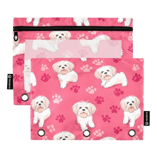 Fustylead Federmäppchen mit niedlichem Malteser- und Pfotenabdruck auf rosa Hintergrund, passend für Standard-3-Ringbinder, Reißverschluss-Bleistifttasche mit transparentem Fenster für Bürokosmetik, 2 von Fustylead