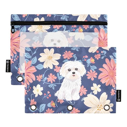 Fustylead Federmäppchen mit niedlichem Malteser und blühender Blume, passend für Standard-3-Ring-Ordner, Reißverschluss-Bleistifttasche mit transparentem Fenster für Bürokosmetik, 2 Stück von Fustylead