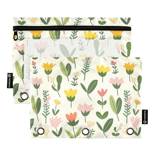 Fustylead Federmäppchen mit niedlichem Tulpenmotiv, Frühlingsblumen, grünes Blatt, großes Fassungsvermögen, passend für 3-Ringbücher, wasserdichtes Federmäppchen mit transparentem Fenster für von Fustylead