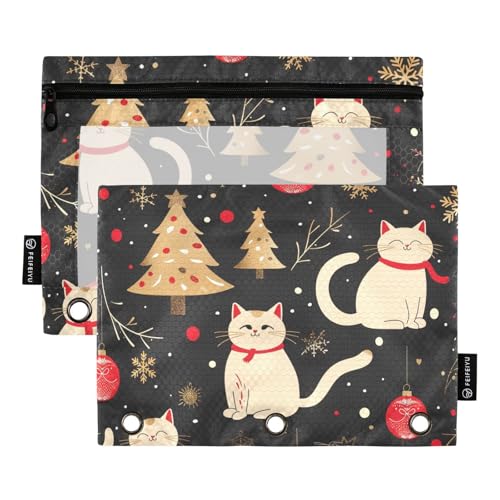 Fustylead Federmäppchen mit niedlichem Weihnachtsmotiv und Tannenbaum-Dekor-Kugeln für 3-Ringbücher, Reißverschlusstasche mit transparentem Fenster, Federmäppchen für Zuhause, Büro, 2 Stück von Fustylead