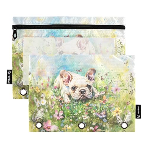 Fustylead Federmäppchen mit niedlichem französischem Bulldoggen-Blumenmotiv für 3-Ringbinder, Reißverschluss-Bleistifttasche mit transparentem Fenster, Organizer für Kosmetik, Büro, 2 Stück, von Fustylead