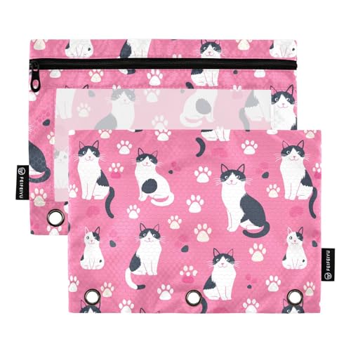 Fustylead Federmäppchen mit niedlichem japanischem Kurzschwanz-Katzen- und Pfotenabdruck auf rosa Hintergrund, für 3-Ringbücher, Reißverschlusstasche mit transparentem Fenster, Federmäppchen für von Fustylead