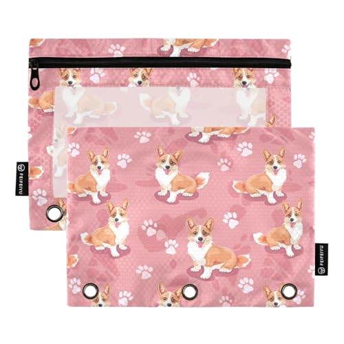Fustylead Federmäppchen mit niedlichem walisischem Corgi- und Pfotenabdruck auf rosa Hintergrund, großes Fassungsvermögen, passend für 3-Ringbinder, wasserdichtes Federmäppchen mit transparentem von Fustylead