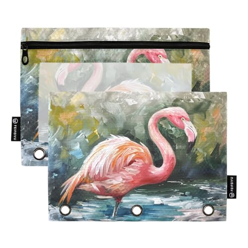 Fustylead Federmäppchen mit pinkem Flamingo-Ständer, für Ölgemälde, passend für Standard-3-Ringbinder, Reißverschluss-Bleistifttasche mit transparentem Fenster für Bürokosmetik, 2 Stück, mehrfarbig von Fustylead