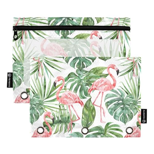 Fustylead Federmäppchen mit pinkem Flamingo und tropischen Blättern, für 3-Ringbinder, Reißverschluss-Bleistifttasche mit transparentem Fenster, Organizer für Kosmetik, Büro, 2 Stück von Fustylead
