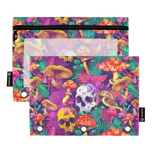 Fustylead Federmäppchen mit psychedelischen Pilzen, Blume und Totenkopf, passend für Standard-3-Ringbinder, Reißverschluss-Bleistifttasche mit transparentem Fenster für Bürokosmetik, 2 Stück, von Fustylead