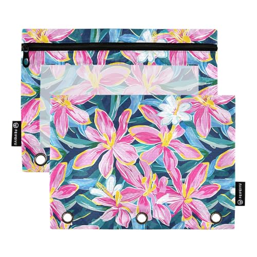 Fustylead Federmäppchen mit rosa Lilien, Blumen, grüne Blätter, große Kapazität, passend für 3-Ringbinder, wasserdichtes Federmäppchen mit transparentem Fenster für Kosmetik, Bürobedarf, 2 Stück, von Fustylead