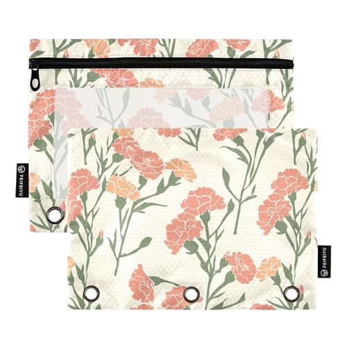 Fustylead Federmäppchen mit rosa Nelken-Blume, Beige, 2 Stück für 3-Ringordner, große Kapazität, Binder-Bleistifttasche mit transparentem Fenster für Büro-Kosmetikbedarf, mehrfarbig von Fustylead