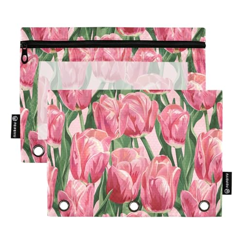 Fustylead Federmäppchen mit rosa Tulpen für Frühling und Sommer, Blumenmuster, passend für Standard-3-Ring-Ordner, Reißverschluss-Bleistifttasche mit transparentem Fenster für Bürokosmetik, 2 Stück von Fustylead