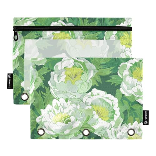 Fustylead Federmäppchen mit transparentem Fenster für 3-Ringbücher, Reißverschluss, Kosmetiktasche für Büro-Kosmetikbedarf, Aquarellfarben, Grün, 2 Stück, mehrfarbig von Fustylead