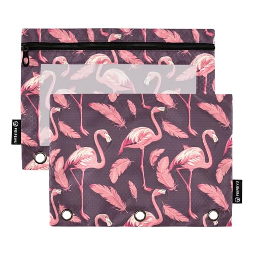 Fustylead Federmäppchen mit tropischem Flamingo und Feder, großes Fassungsvermögen, passend für 3-Ringbinder, wasserdichtes Federmäppchen mit transparentem Fenster für Kosmetik, Bürobedarf, 2 Stück, von Fustylead