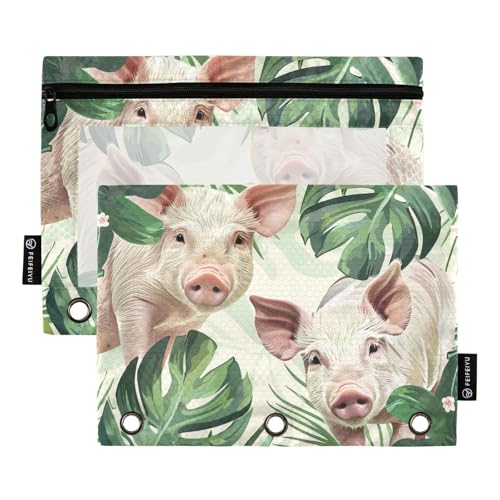 Fustylead Federmäppchen mit tropischen Blättern und Schweinen, für 3-Ringbücher, Reißverschluss, Federmäppchen mit transparentem Fenster, Organizer für Kosmetik, Büro, 2 Stück von Fustylead