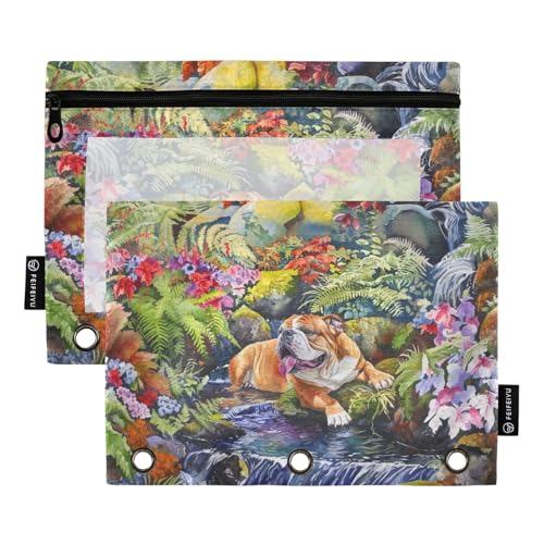 Fustylead Federmäppchen mit verspieltem Bulldoggen-Blumenmuster, passend für Standard-3-Ring-Ordner, Reißverschluss-Bleistifttasche mit transparentem Fenster für Bürokosmetik, 2 Stück, mehrfarbig von Fustylead