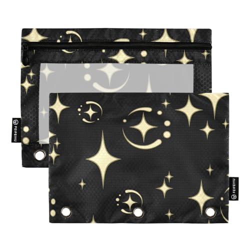 Fustylead Federmäppchen mit vierzackigen Sternen auf schwarzem Hintergrund, für 3 Ringe, Federmäppchen mit Reißverschluss, transparentes Fenster für Büro-Kosmetikbedarf, 2 Stück, Schwarz von Fustylead