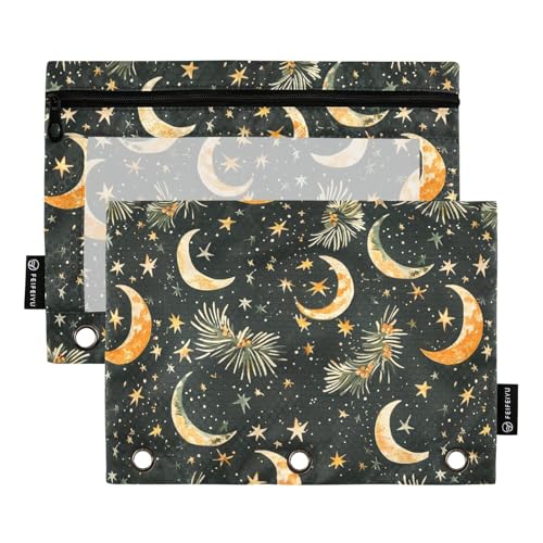 Fustylead Federmäppchen mit weihnachtlichem Mond und Sternen, passend für Standard-3-Ringbinder, Reißverschluss-Bleistifttasche mit transparentem Fenster für Bürokosmetik, 2 Stück von Fustylead