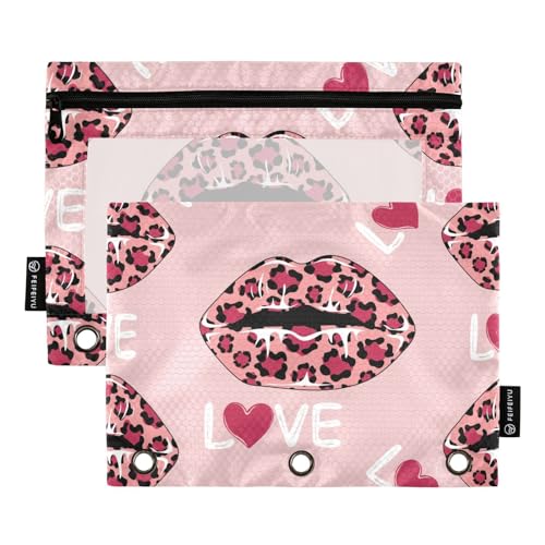 Fustylead Frauenlippen mit Leopardenmuster und Liebestext, 2 Stück, Bleistiftbeutel für 3-Ringbuch, große Kapazität, Binder-Bleistifttasche mit transparentem Fenster für Büro-Kosmetikbedarf, rose von Fustylead