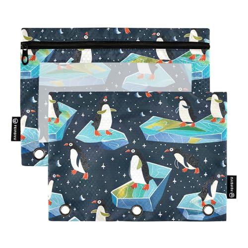 Fustylead Funny Penguin Glaciers Federmäppchen für 3-Ringbinder, Reißverschluss, Federmäppchen mit transparentem Fenster, Organizer für Kosmetik, Büro, 2 Stück, mehrfarbig von Fustylead