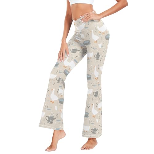 Fustylead Geese in The Grass Damen-Yogahose, hohe Taille, Bootcut, Bauchkontrolle, Stretchhose, beige, S von Fustylead