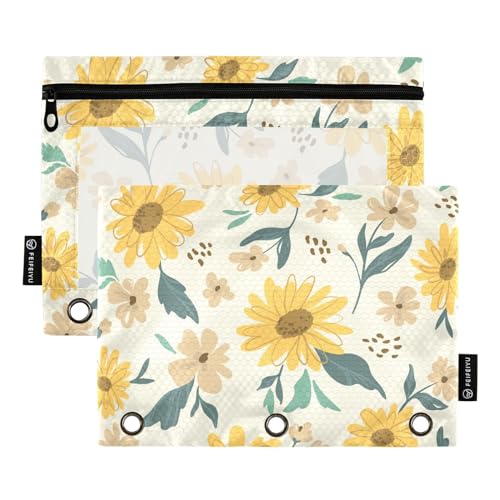 Fustylead Groovy Cute Blooming Sunflower and Leaves 2 Pack Pencil Pouches for 3 Ring Binder, Big Capacity Binder Pencil Bag with Clear Window for Office Class Supplies, beige von Fustylead