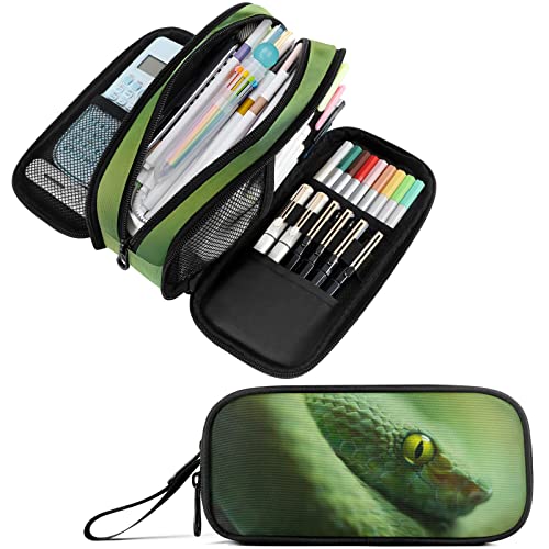 Fustylead Grüne Schlange großes Federmäppchen, minimalistische tragbare Schreibwaren-Tasche Kosmetiktasche mit Griff für Mittelschule Schule Büro Reisen von Fustylead