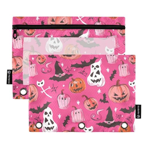 Fustylead Halloween-Federmäppchen mit Kürbis und Geist, passend für Standard-3-Ringbinder, Reißverschluss-Bleistifttasche mit transparentem Fenster für Bürokosmetik, 2 Stück von Fustylead