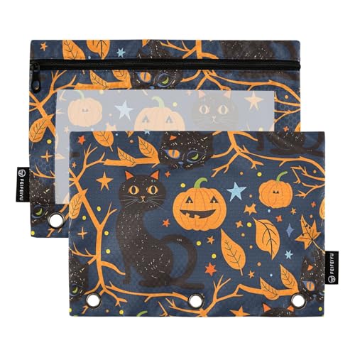 Fustylead Halloween-Federmäppchen mit schwarzer Katze, orangefarbener Kürbis, passend für Standard-3-Ringbinder, Reißverschluss-Bleistifttasche mit transparentem Fenster für Bürokosmetik, 2 Stück von Fustylead