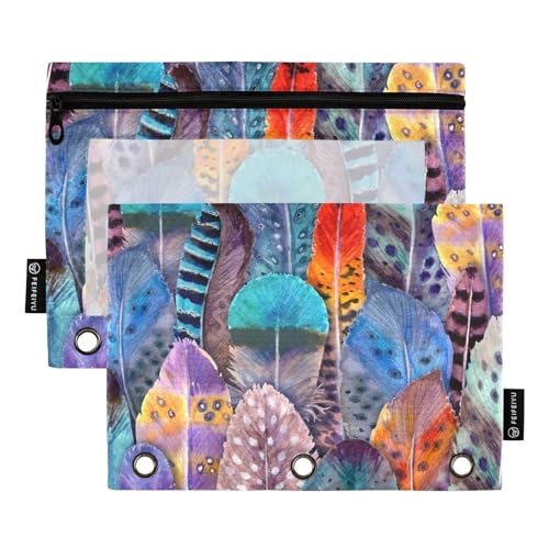 Fustylead Handgezeichnete Aquarell-Vogelfedern mit lebendigem Boho-Stil, Federmäppchen für 3-Ringbinder, Reißverschluss-Bleistifttasche mit transparentem Fenster, Organizer für Kosmetik, Büro, 2 von Fustylead