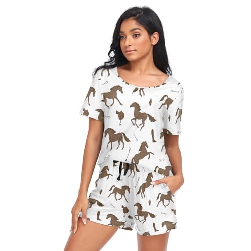Fustylead Handgezeichnete Skizze braune Pferde Damen-Pyjama-Set, kurzärmelig, Lounge-Outfits mit Taschen, S-XXL, multi, M von Fustylead