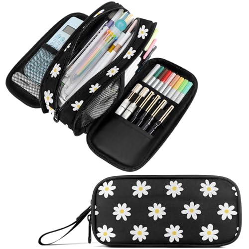 Fustylead Handgezeichnetes Federmäppchen, klassisches weißes Gänseblümchen, großes Federmäppchen, Make-up-Tasche, Schreibwaren-Tasche für Schule, Uni, Büro, Organizer von Fustylead