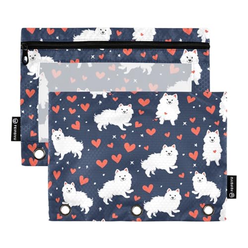 Fustylead Handgezeichnetes Federmäppchen mit flauschigem Samojeden und roten Herzen, großes Fassungsvermögen, passend für 3-Ringbücher, wasserdichtes Federmäppchen mit transparentem Fenster für von Fustylead