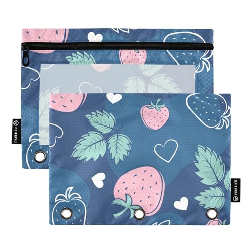 Fustylead Handgezeichnetes Federmäppchen mit rosa Erdbeeren und Blättern für 3-Ringbinder, Reißverschluss-Bleistifttasche mit transparentem Fenster, Organizer für Kosmetik, Büro, 2 Stück, blau von Fustylead