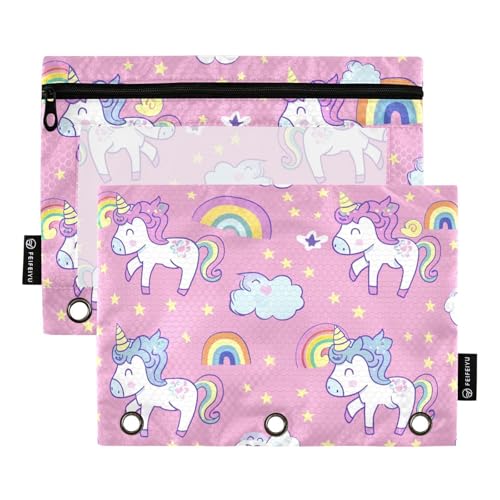 Fustylead Happy Unicorn Rainbow Stars Federmäppchen mit großem Fassungsvermögen, passend für 3-Ringbinder, wasserdichtes Federmäppchen mit transparentem Fenster für Kosmetik, Bürobedarf, 2 Stück, von Fustylead