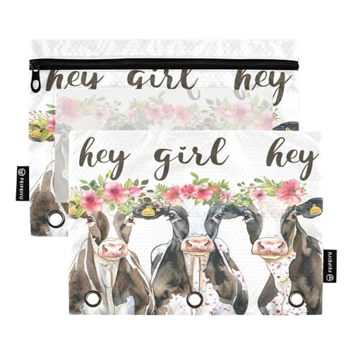 Fustylead Hey Girl Hey Words Federmäppchen mit niedlichem Kuh, großes Fassungsvermögen, passend für 3-Ringbinder, wasserdichtes Federmäppchen mit transparentem Fenster für Kosmetik, Bürobedarf, 2 von Fustylead