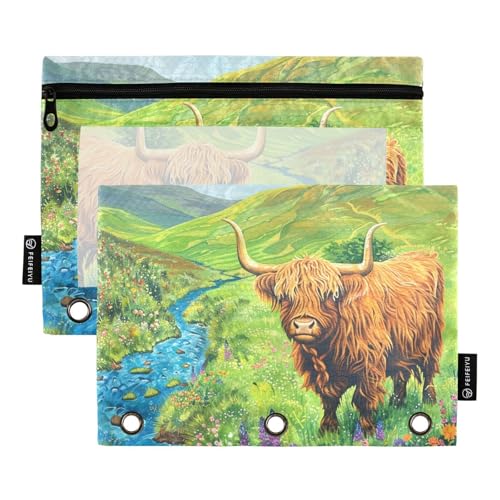 Fustylead Highland Cow Flower Field Federmäppchen für 3-Ringbinder, Reißverschluss-Bleistifttasche mit transparentem Fenster, Organizer für Kosmetik, Büro, Schule, Studenten, 2 Stück von Fustylead