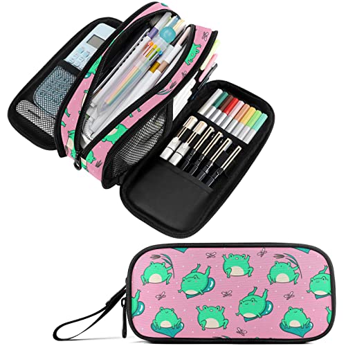 Fustylead Kawaii Frogs Großes Federmäppchen, tragbare Schreibwarentasche, Kosmetiktasche mit Griff, für Schule, Büro, Reisen von Fustylead