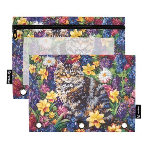 Fustylead Lebendige handgezeichnete Katze und verschiedene Frühlingsblumen-Federmäppchen für 3-Ringbinder, Reißverschlusstasche mit transparentem Fenster, Federmäppchen für Zuhause, Büro, 2 Stück von Fustylead