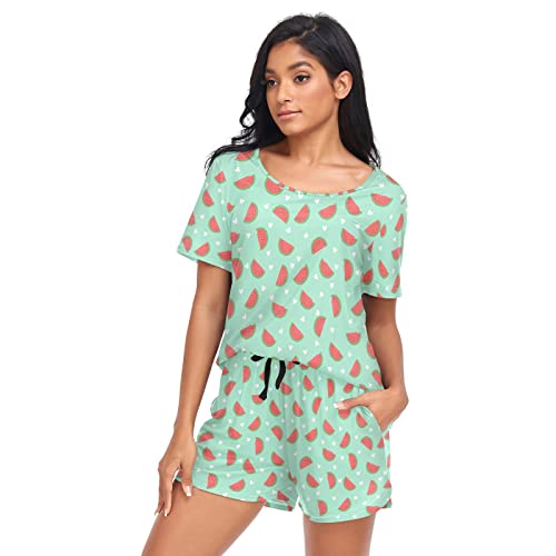 Fustylead Lovely Watermelon Damen Pyjama-Set, kurzärmelig, Nachtwäsche mit Taschen, grün, 38 von Fustylead