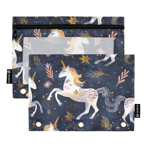Fustylead Magic Unicorns Federmäppchen mit weißem Einhorn, passend für Standard-3-Ringbinder, Reißverschluss-Bleistifttasche mit transparentem Fenster für Bürokosmetik, 2 Stück von Fustylead