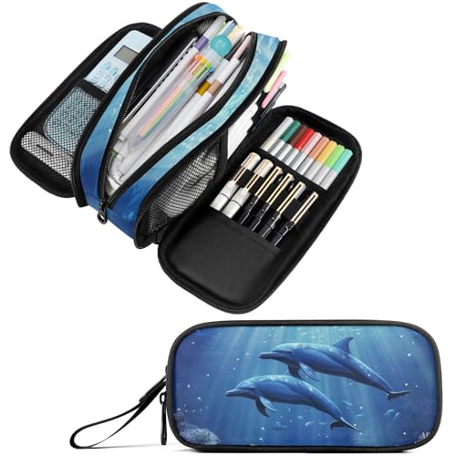 Fustylead Magical Underwater Blue Delphins Large Pencil Case Portable Stationery Bag Cosmetics Bag with Handle for School Office Travel von Fustylead