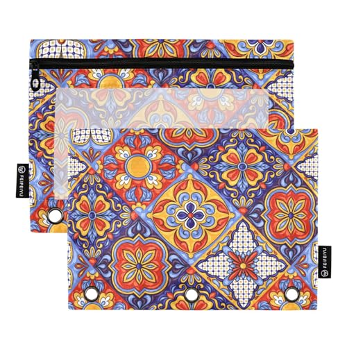 Fustylead Mexikanisches Talavera Federmäppchen mit Keramikfliesenmuster, passend für Standard-3-Ringbinder, Reißverschluss-Bleistifttasche mit transparentem Fenster für Bürokosmetik, 2 Stück, von Fustylead