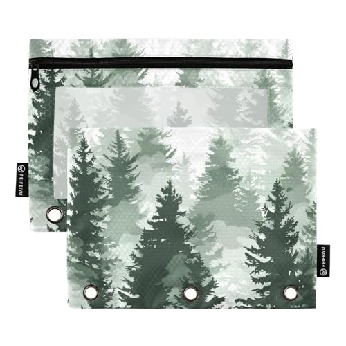 Fustylead Mist Green Fir Tree Forest Federmäppchen mit großem Fassungsvermögen, passend für 3-Ringbinder, wasserdichtes Federmäppchen mit transparentem Fenster für Kosmetik, Bürobedarf, 2 Stück, multi von Fustylead