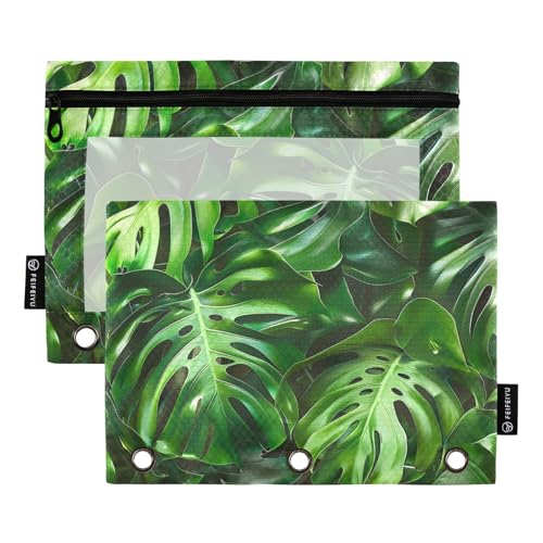 Fustylead Monstera Leafs Federmäppchen mit tropischem Muster, passend für Standard-3-Ringbinder, Reißverschluss-Bleistifttasche mit transparentem Fenster für Bürokosmetik, 2 Stück, mehrfarbig von Fustylead